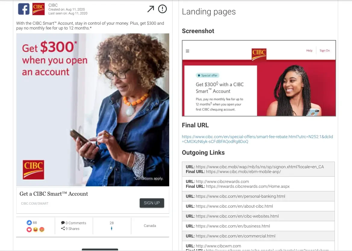 AdSpy ad detail view with likes over time and landing page