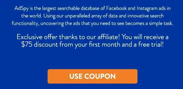 AdSpy partner offer screen showing a $75 first-month discount