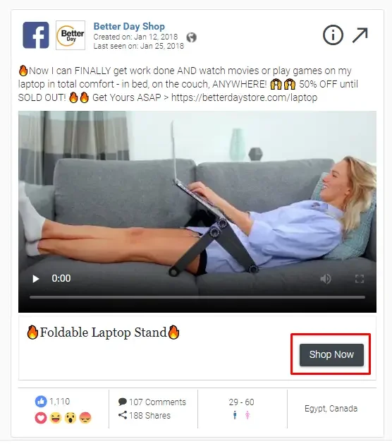 AdSpy ad with a Shop Now button