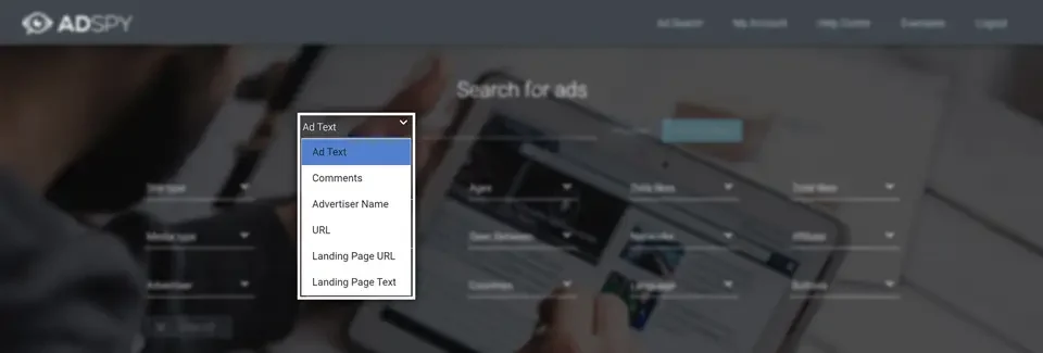 AdSpy ad text search filter