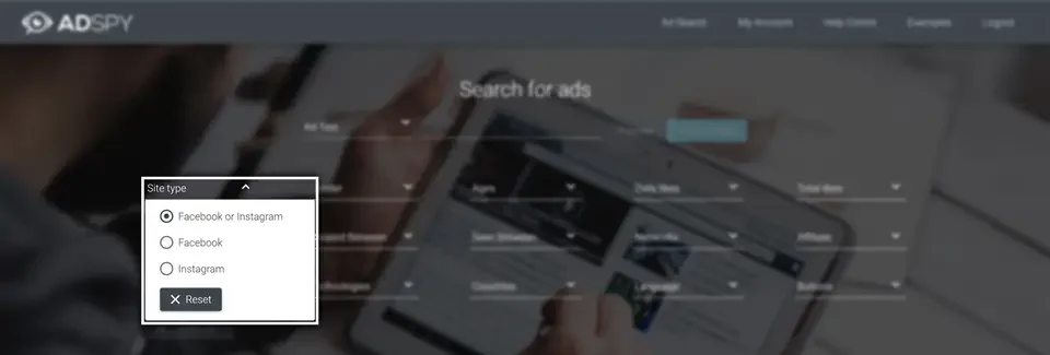 AdSpy site type filter