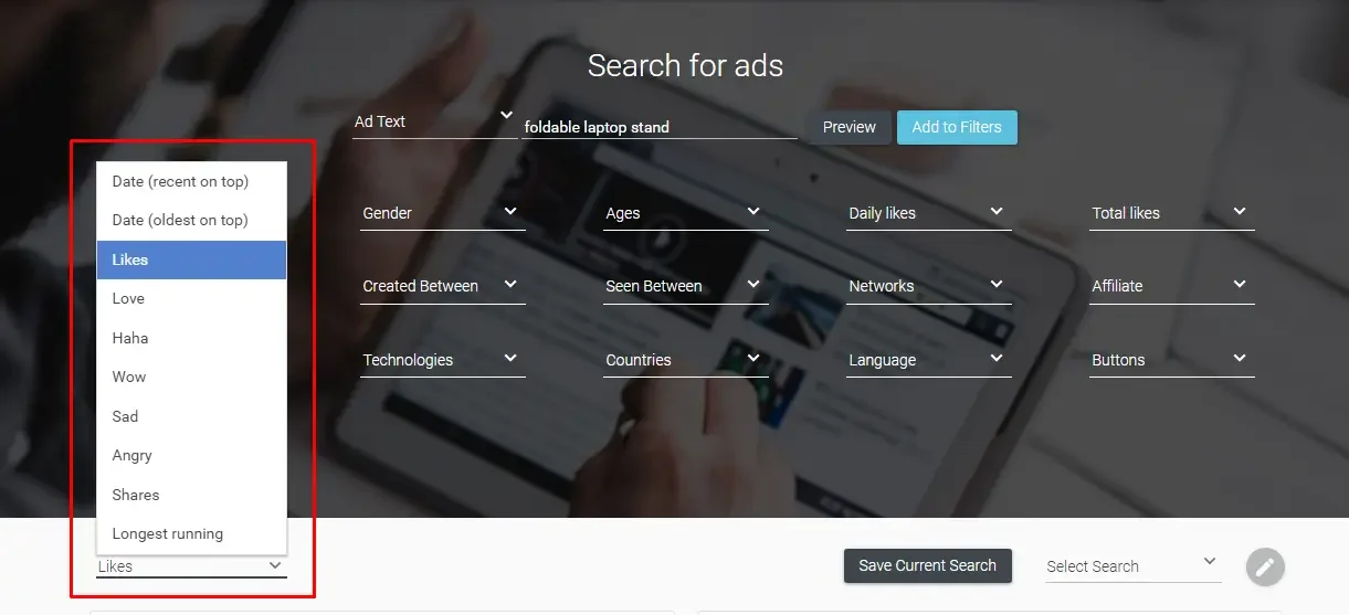 AdSpy sorting options