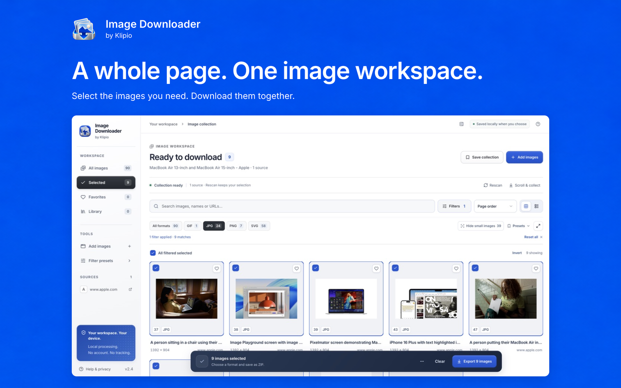 Actual Image Downloader workspace showing selected images collected from Apple’s MacBook Air page