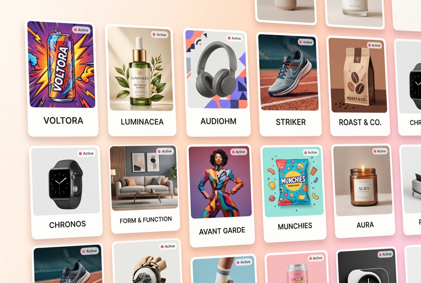 A wall of competitor ad creatives Klipio Ad Intelligence watches in one dashboard